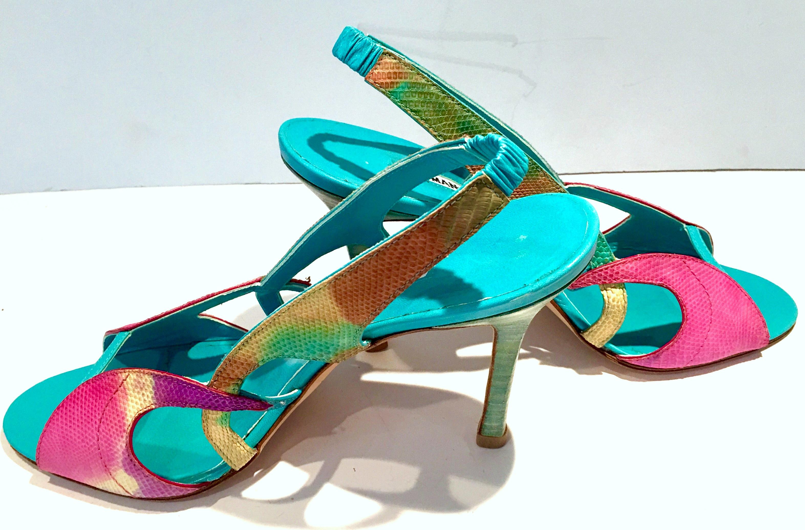 2013 New Pair Of Manolo Blahnik Multi-Color Python Sling Back Sandals In New Condition For Sale In West Palm Beach, FL