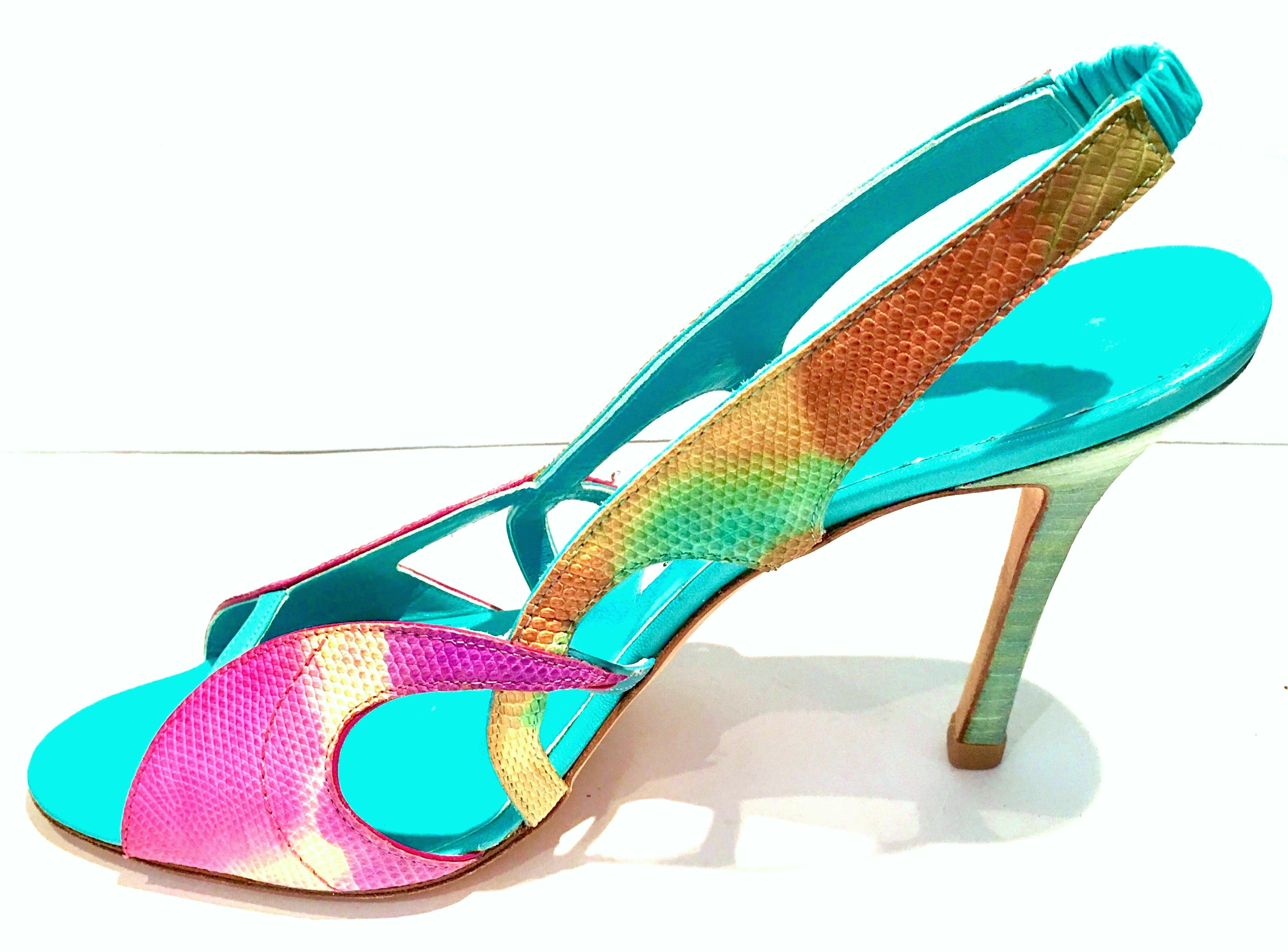 2013 New Pair Of Manolo Blahnik Multi-Color Python Sling Back Sandals In New Condition For Sale In West Palm Beach, FL
