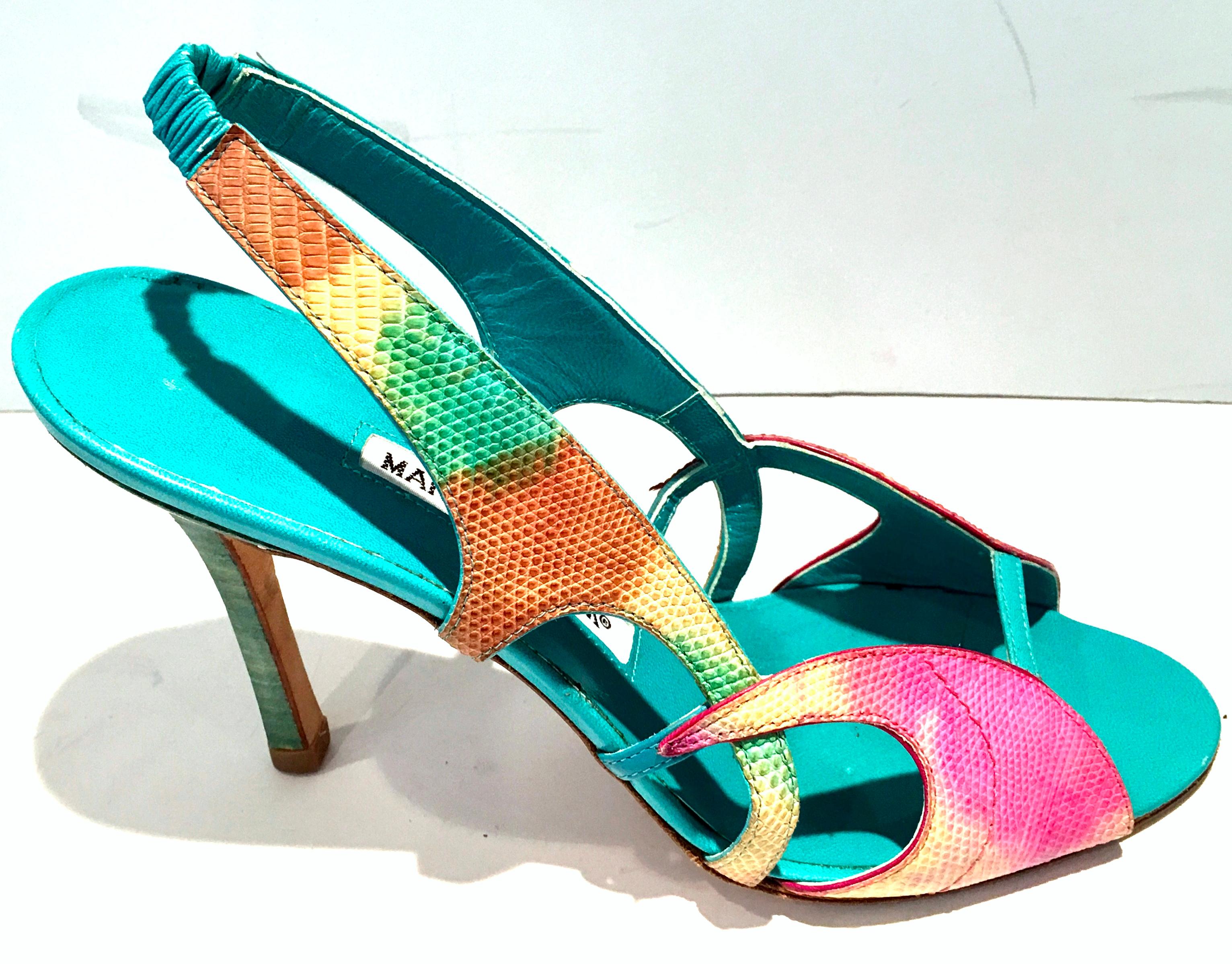 2013 New Pair Of Manolo Blahnik Multi-Color Python Sling Back Sandals For Sale 1