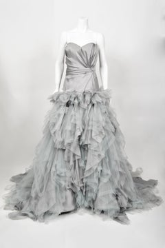 2013 Oscar de la Renta Dove-Grey Silk Strapless Bustier Tiered Tulle Gown w/Tags