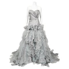 2013 Oscar de la Renta Dove-Grey Silk Strapless Bustier Tiered Tulle Gown w/Tags