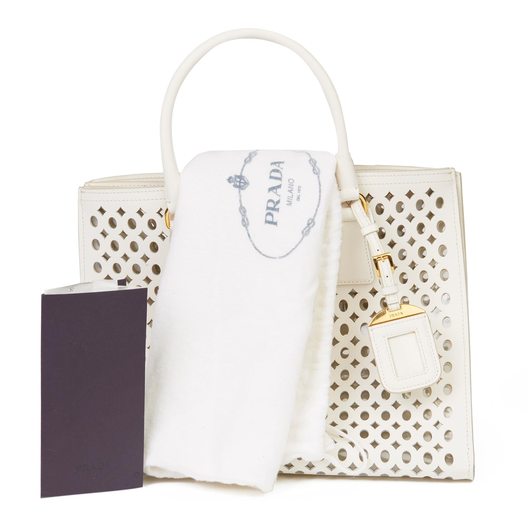 2013 Prada White Perforated Saffiano Leather & PVC Fori Tote 4