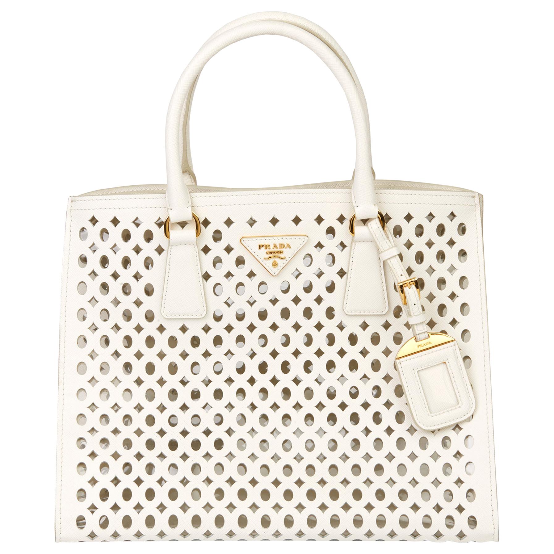2013 Prada White Perforated Saffiano Leather and PVC Fori Tote at 1stDibs