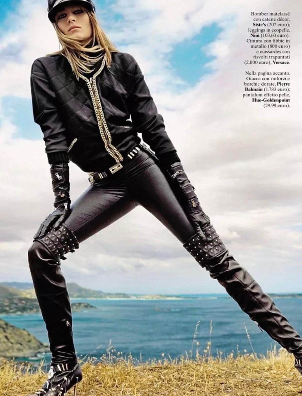 VERSACE F/W 2013
These studded stunners guarantee to make heads turn. 
The pointy toe stiletto boots carry a silver-tone heel.
Stretch leather.
Buckles, Medusa medallion
IT Size 38 - 8
Made in Italy
Pre-owned, in excellent condition. Show light wear