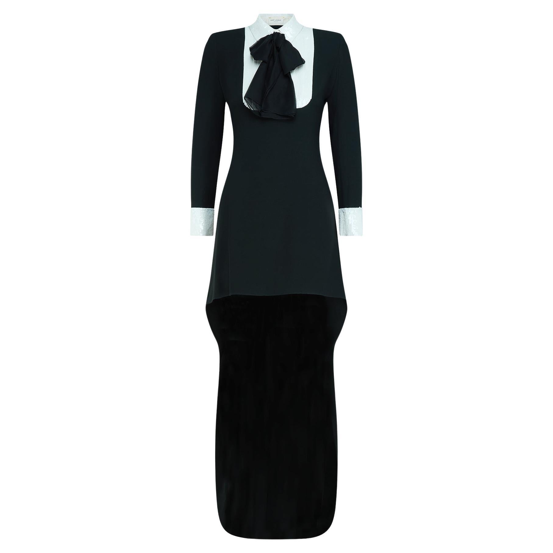 2013 Runway Saint Laurent Tuxedo High Low Dress with Sequin Bib
