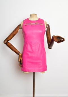 2013 Versus VERSACE Hot Pink Fuchsia Leather & Gold Safety Pin Mini Shift Dress