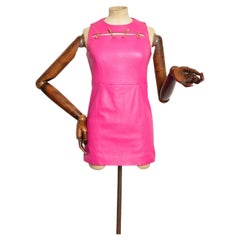 2013 Versus VERSACE Hot Pink Fuchsia Leather & Gold Safety Pin Mini Shift Dress