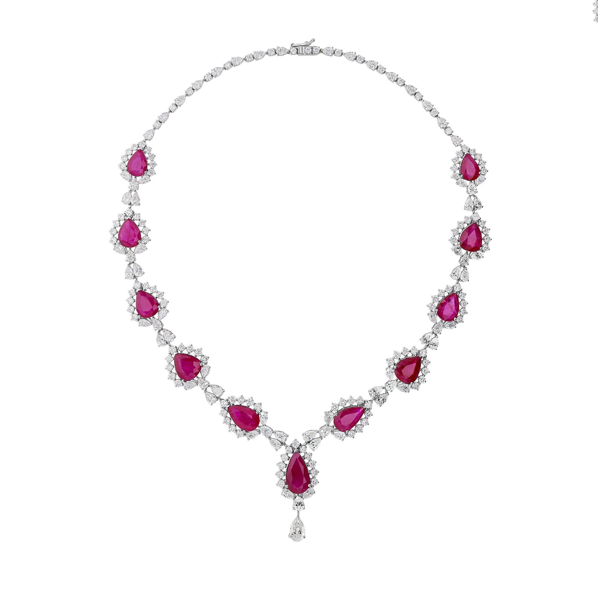 Contemporaneo 20.14 Carat Diamond 32.65 Carat Ruby Wedding Drop Necklace 14 Karat White Gold in vendita