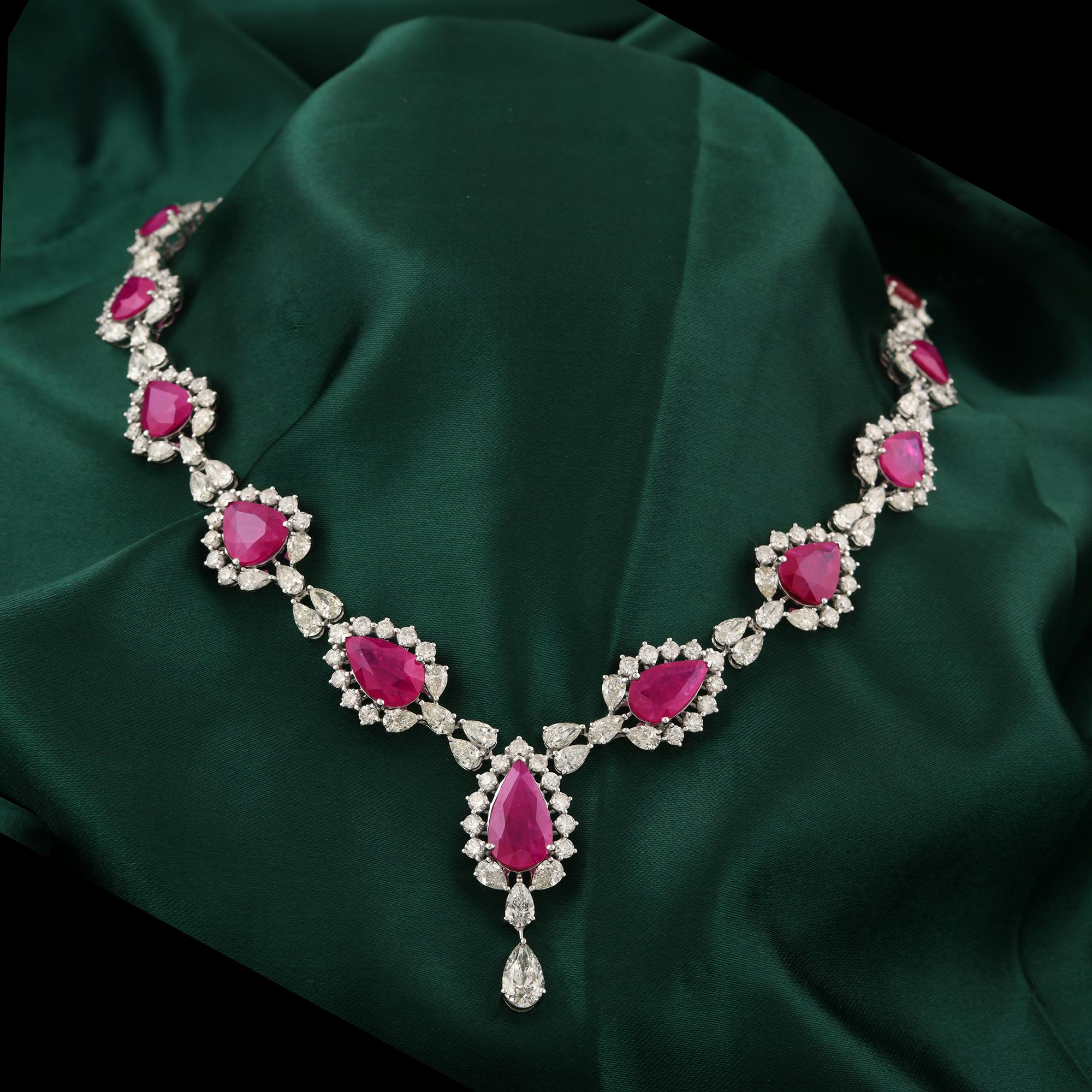 Donna 20.14 Carat Diamond 32.65 Carat Ruby Wedding Drop Necklace 14 Karat White Gold in vendita