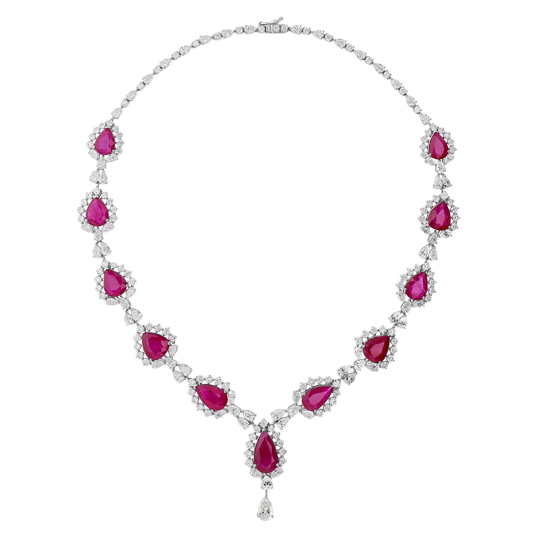 20.14 Carat Diamond 32.65 Carat Ruby Wedding Drop Necklace 14 Karat White Gold