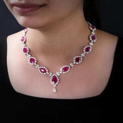 20.14 Carat Diamond 32.65 Carat Ruby Wedding Drop Necklace 18 Karat White Gold