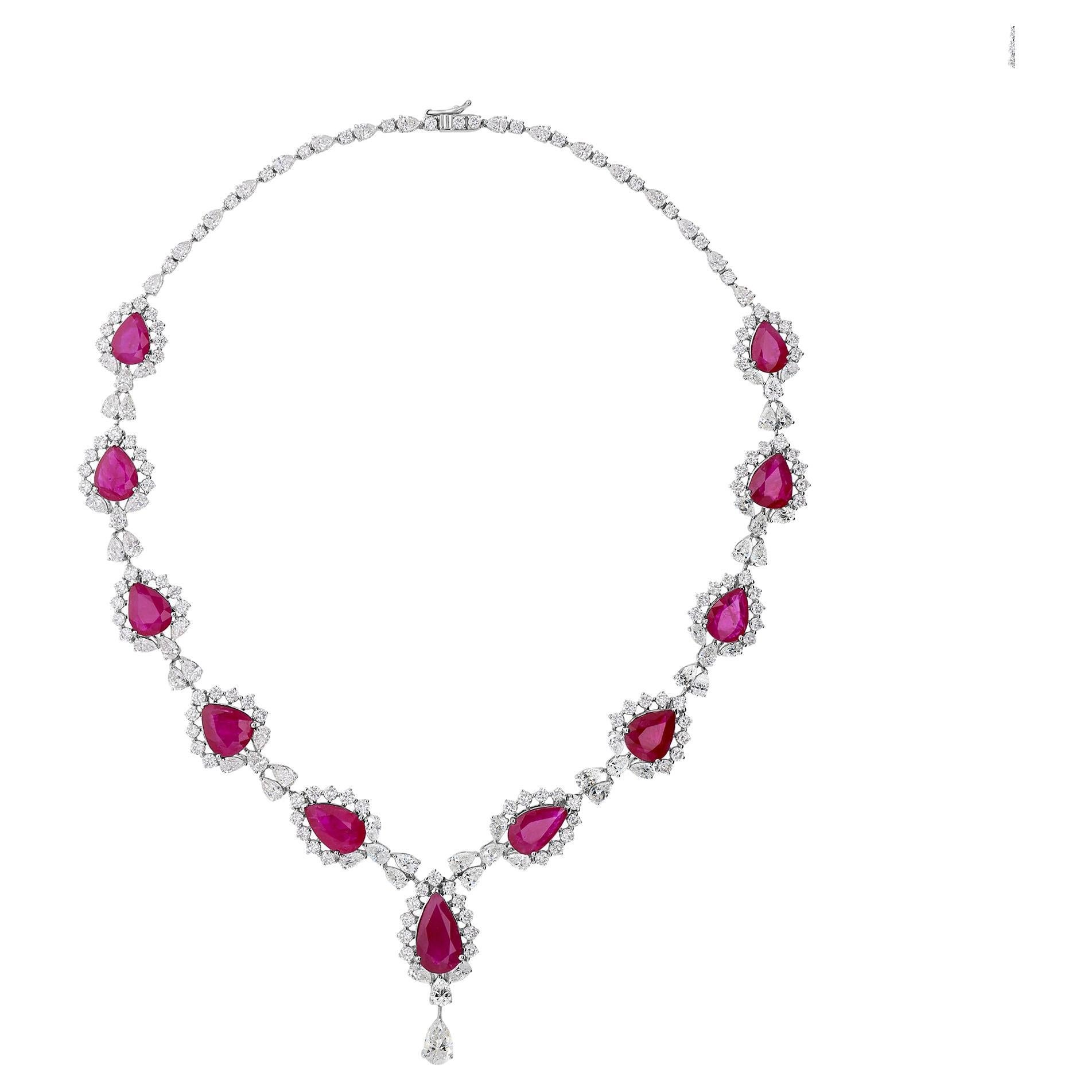 20.14 Carat Diamond 32.65 Carat Ruby Wedding Drop Necklace 18 Karat White Gold