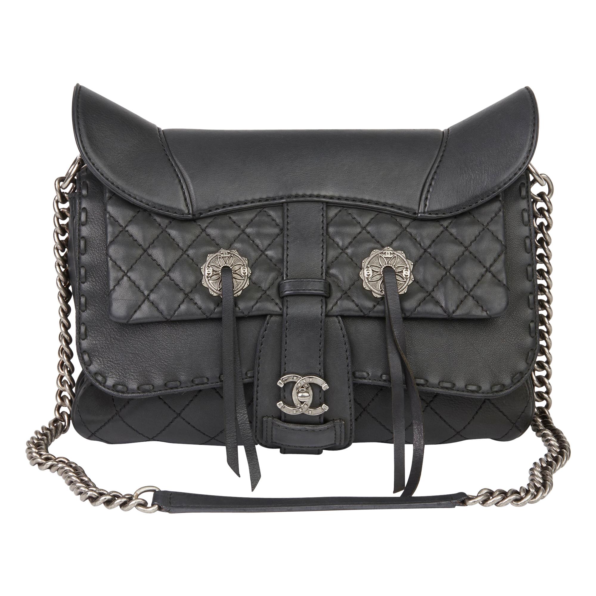 2014 Chanel Black Quilted Calfskin Leather Paris-Dallas Ride Western Saddle Bag