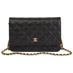 2014 Chanel Schwarzes gestepptes Kaviar Leder Portemonnaie an Kette WOC