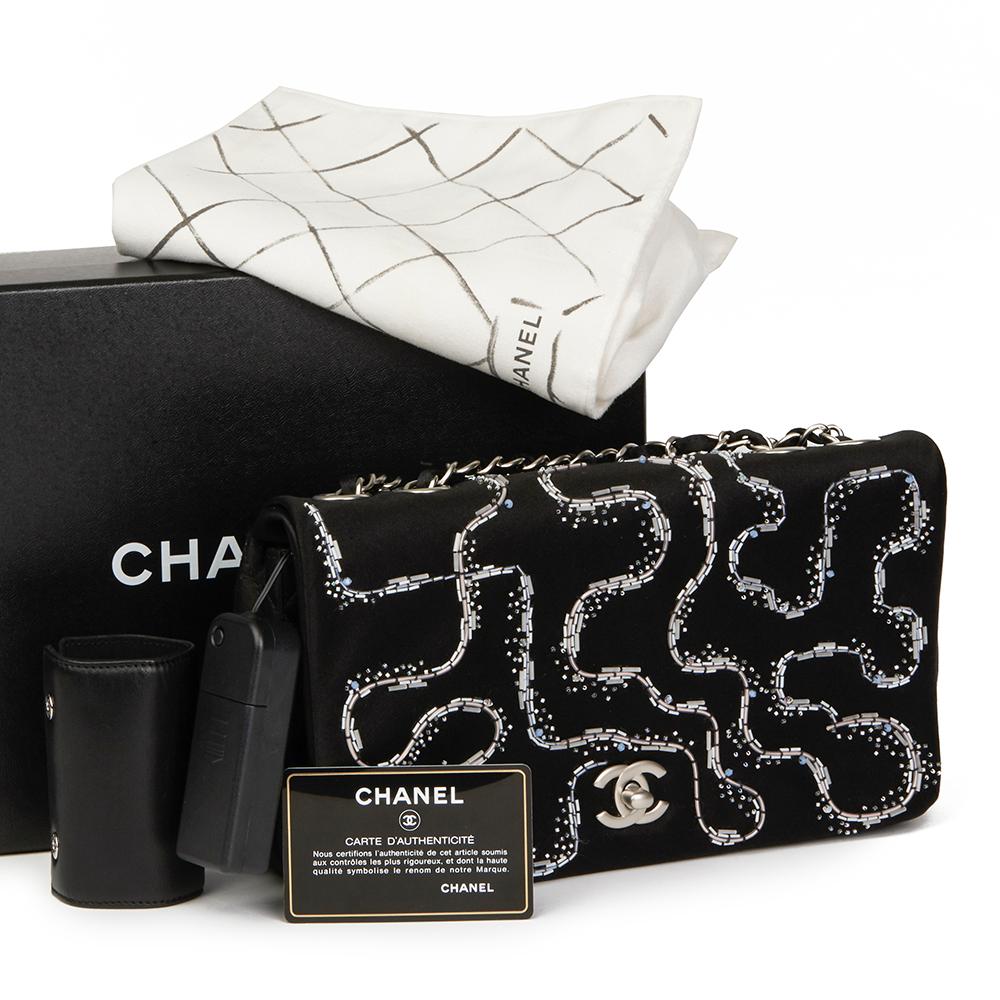 2014 Chanel Black Quilted Embellished Satin LED Illuminating Medium Classic Bag 7