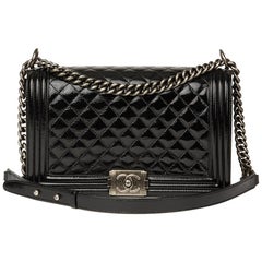 Used 2014 Chanel Black Quilted Patent Leather Large Le Boy