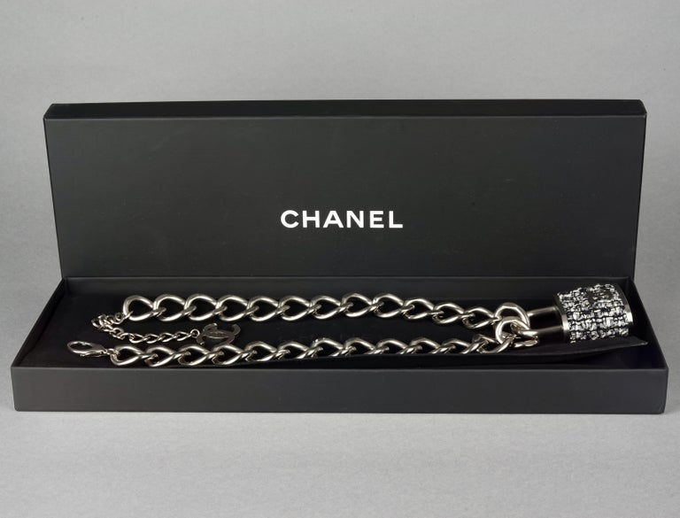 2014 CHANEL Black White Tweed Padlock "Supermarket" Silver Belt/ Necklace  For Sale at 1stDibs