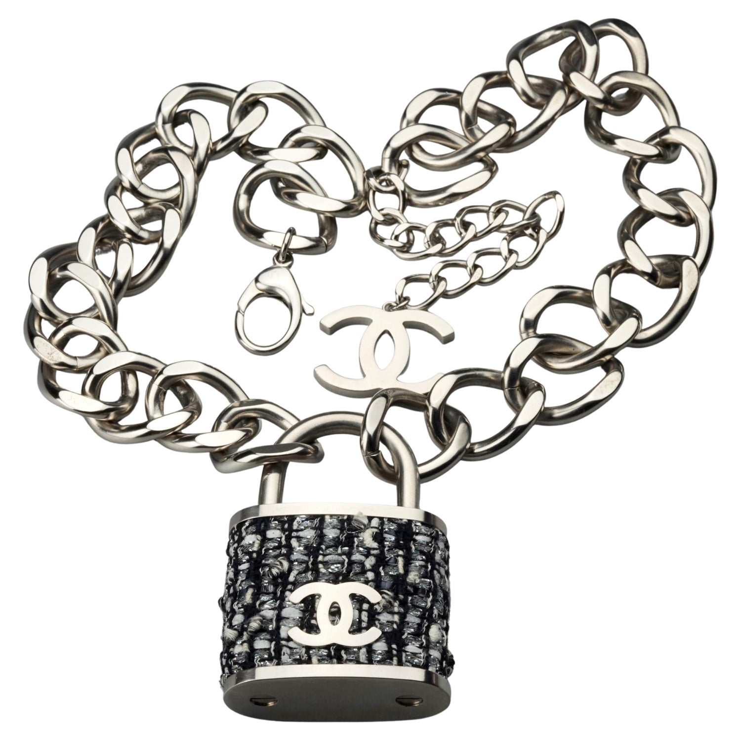 Chanel Silver CC Black Padlock Chain Necklace at 1stDibs