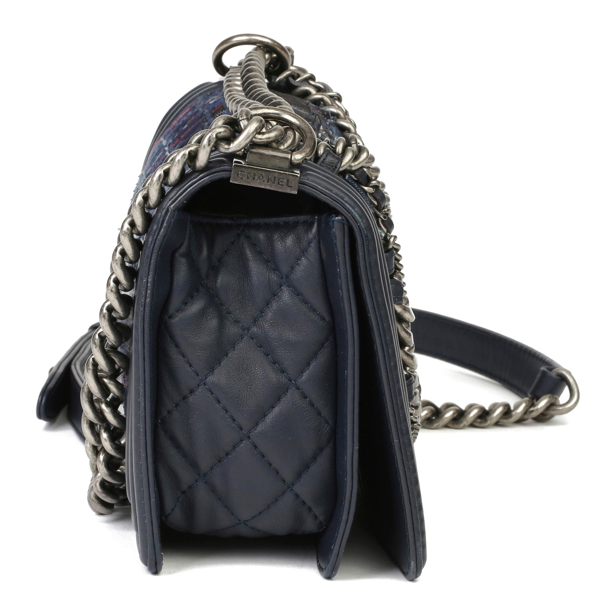 Black 2014 Chanel Blue Quilted Lambkin & Denim Multi-Tweed Enchained Medium Le Boy