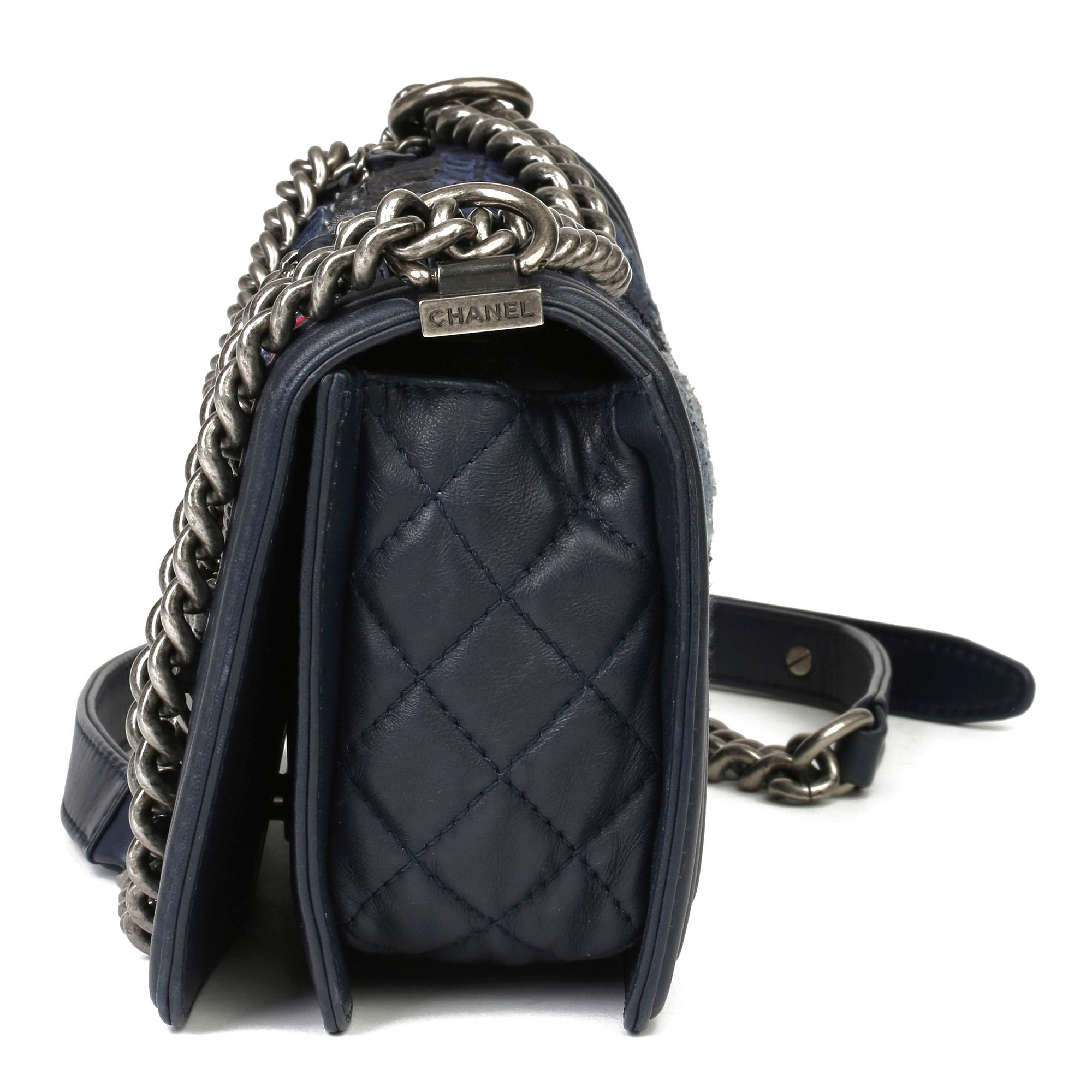 2014 Chanel Blue Quilted Lambkin & Denim Multi-Tweed Enchained Medium Le Boy In Excellent Condition In Bishop's Stortford, Hertfordshire