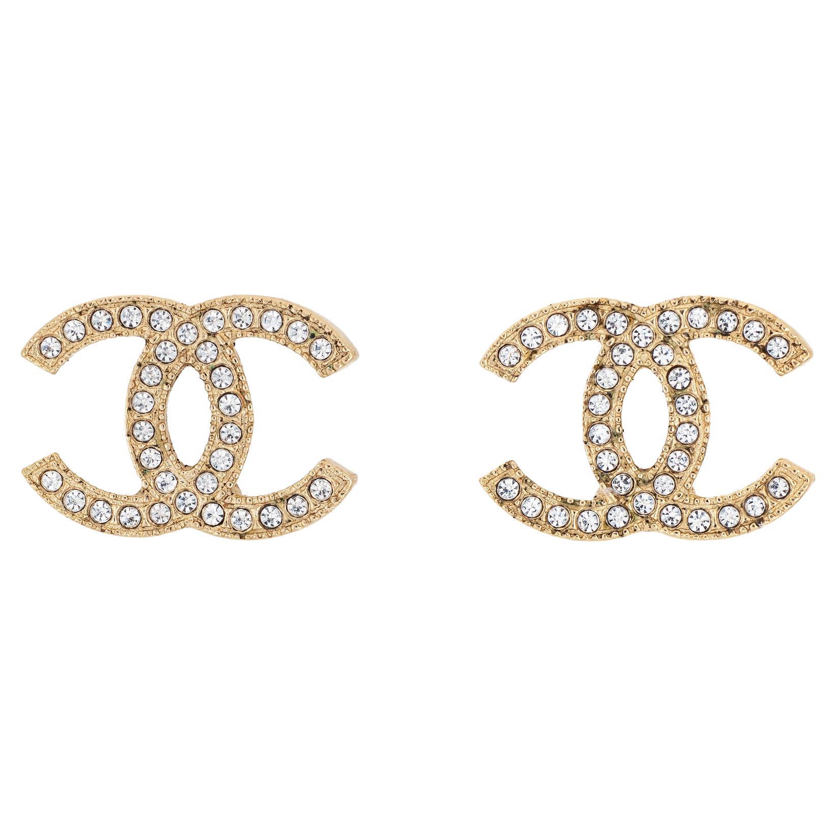 2014 Chanel CC Logo Crystal Earrings Studs Yellow Gold Tone at
