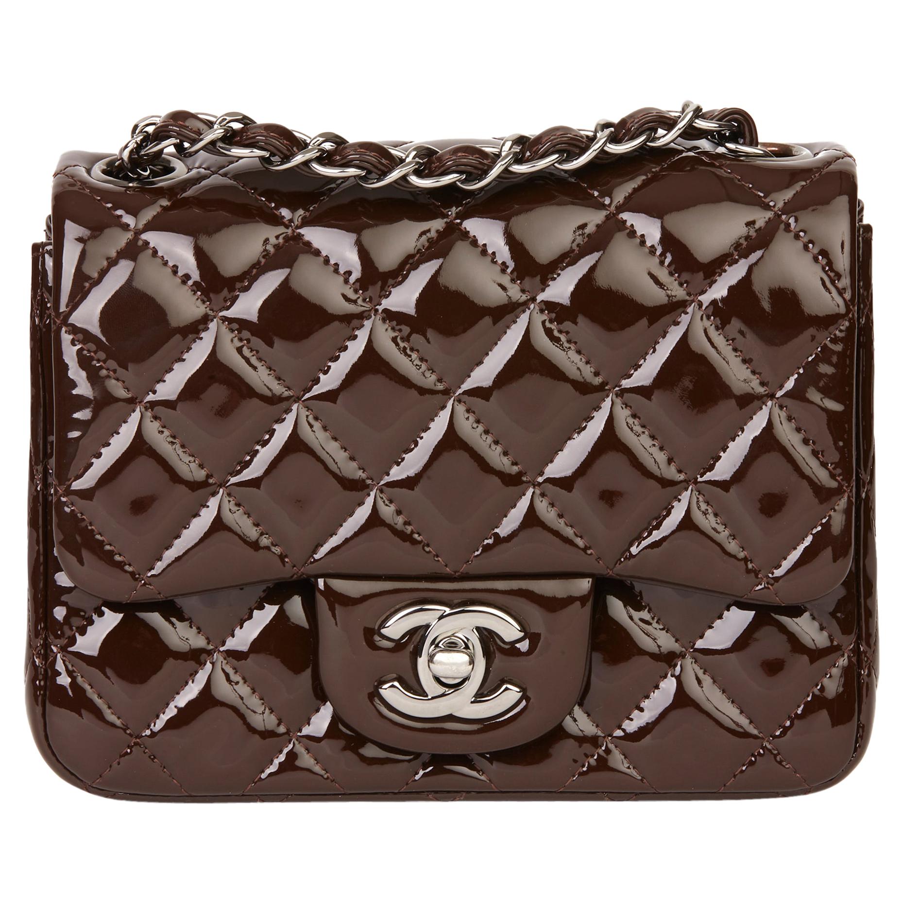 2014 Chanel Chocolate Brown Quilted Patent Leather Mini Flap Bag