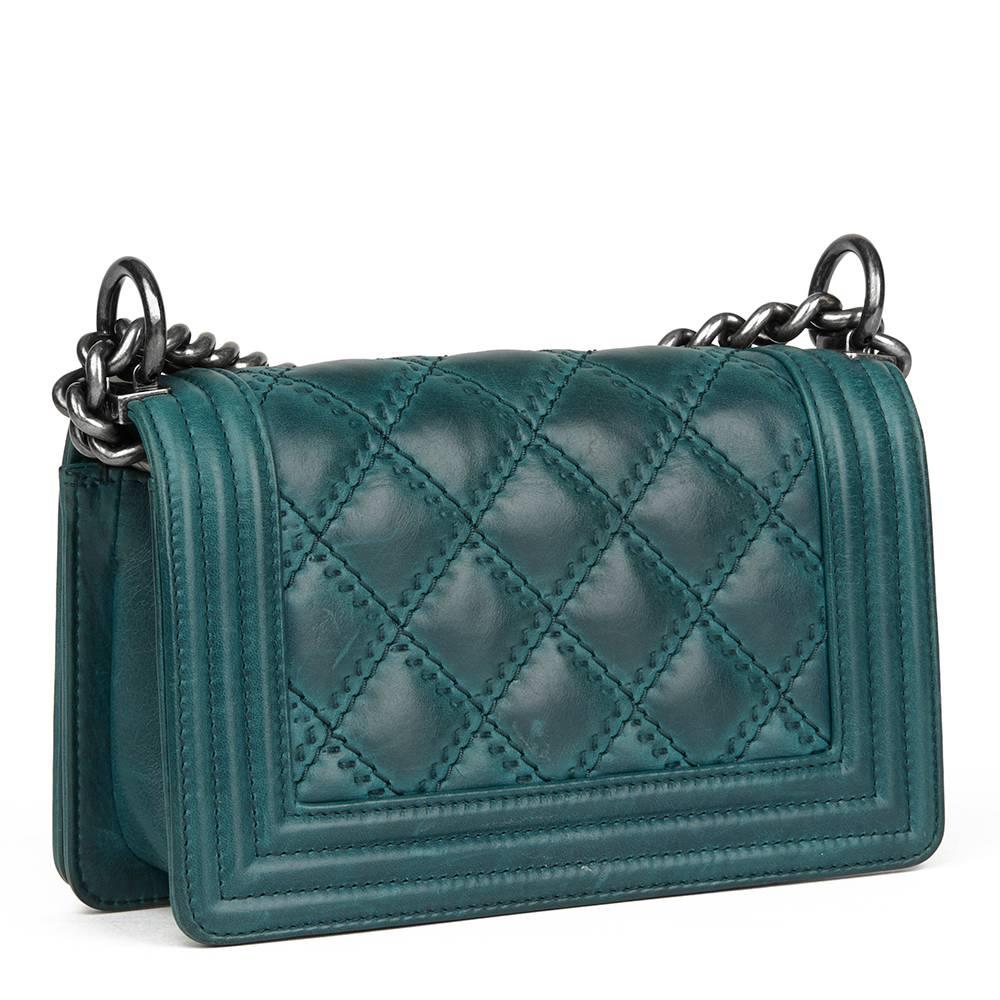 Blue 2014 Chanel Double-Stitch Quilted Aged Calfskin Leather Small Le Boy