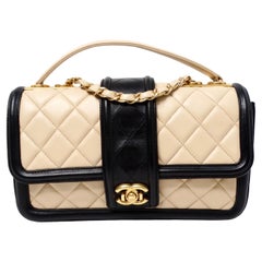 2014 Chanel Eleg CC Borsa con patta in pelle d'agnello trapuntata nera e marrone