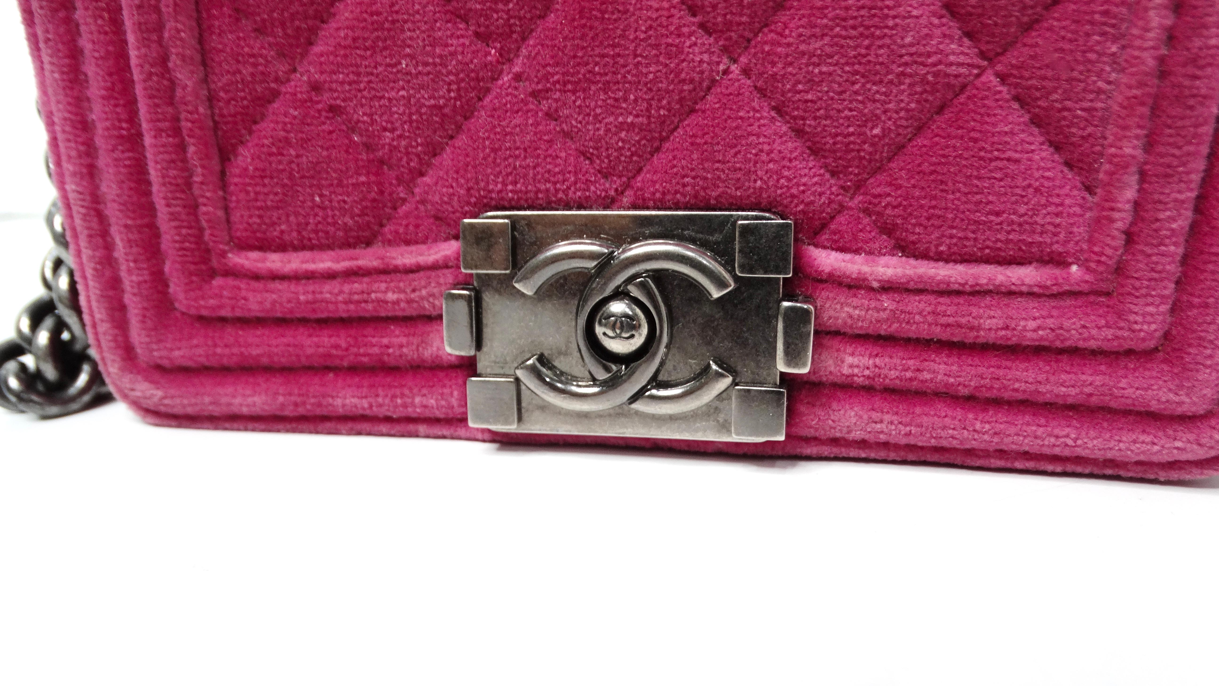 Red 2014 Chanel Fuchsia Mini Velvet Boy Bag With Ruthenium Hardware For Sale