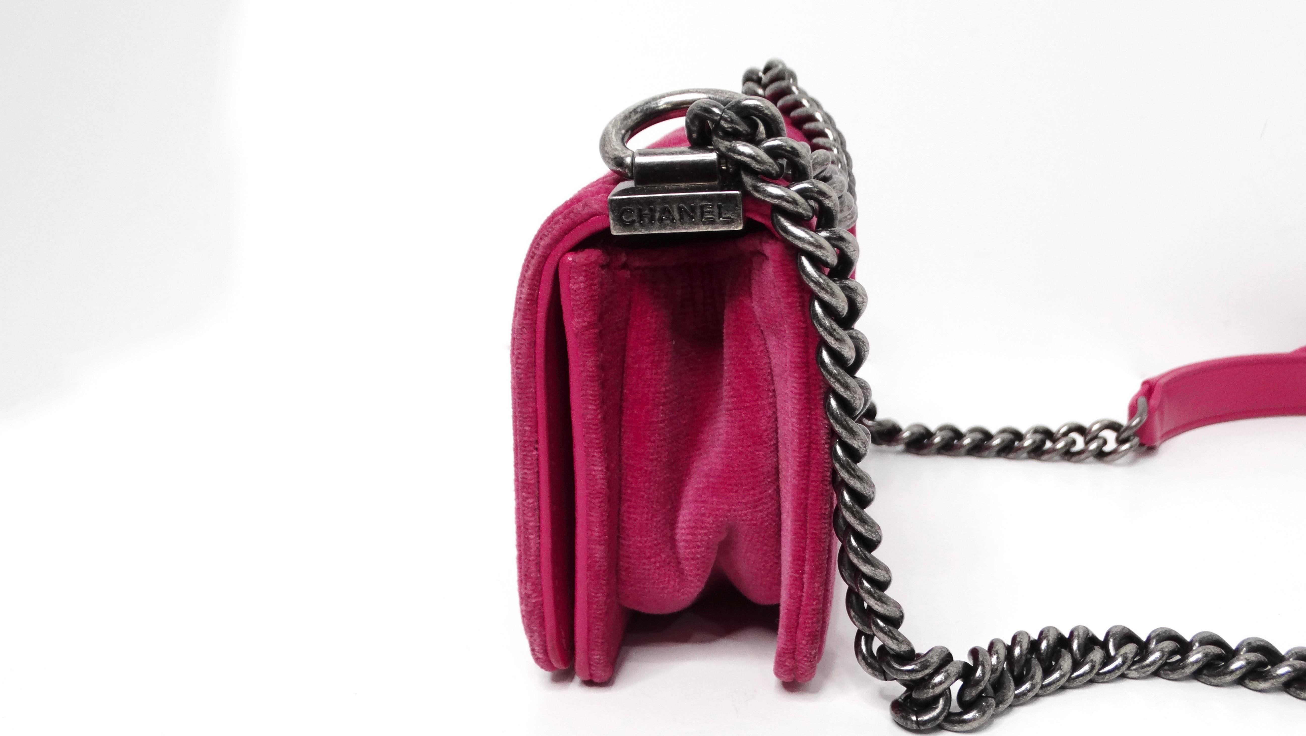 Women's 2014 Chanel Fuchsia Mini Velvet Boy Bag With Ruthenium Hardware For Sale