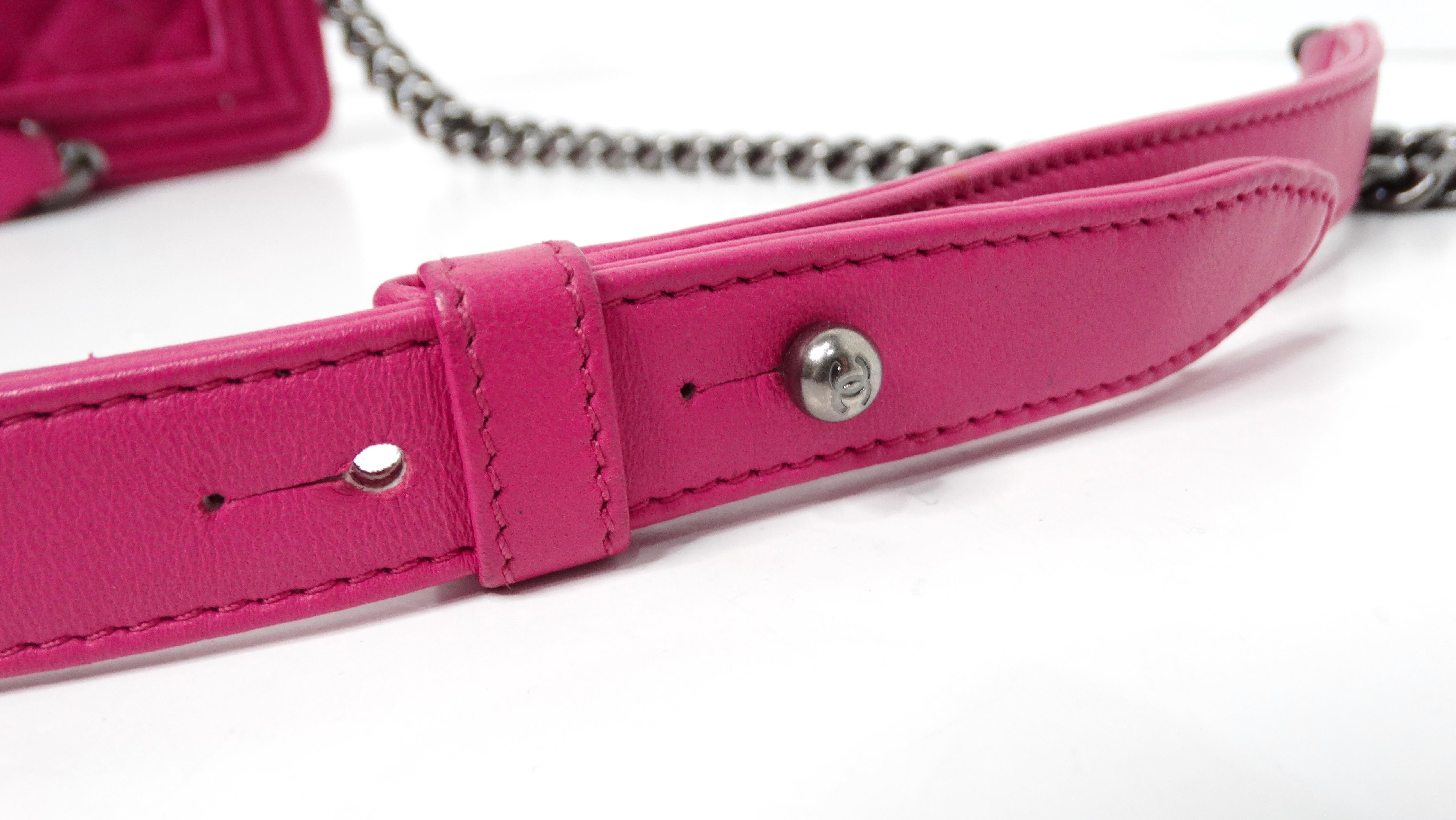 2014 Chanel Fuchsia Mini Velvet Boy Bag With Ruthenium Hardware For Sale 1