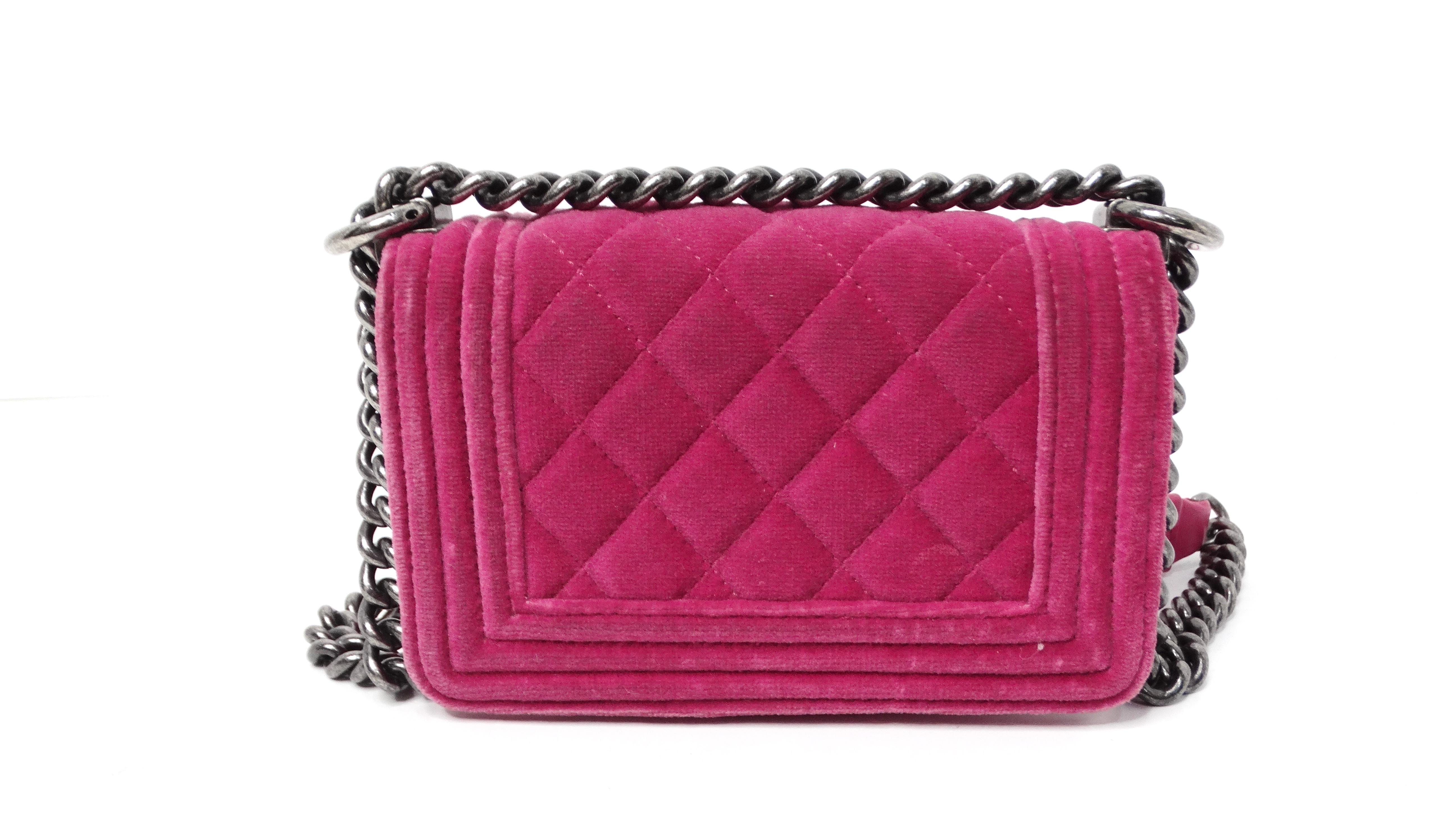 2014 Chanel Fuchsia Mini Velvet Boy Bag With Ruthenium Hardware For Sale 2