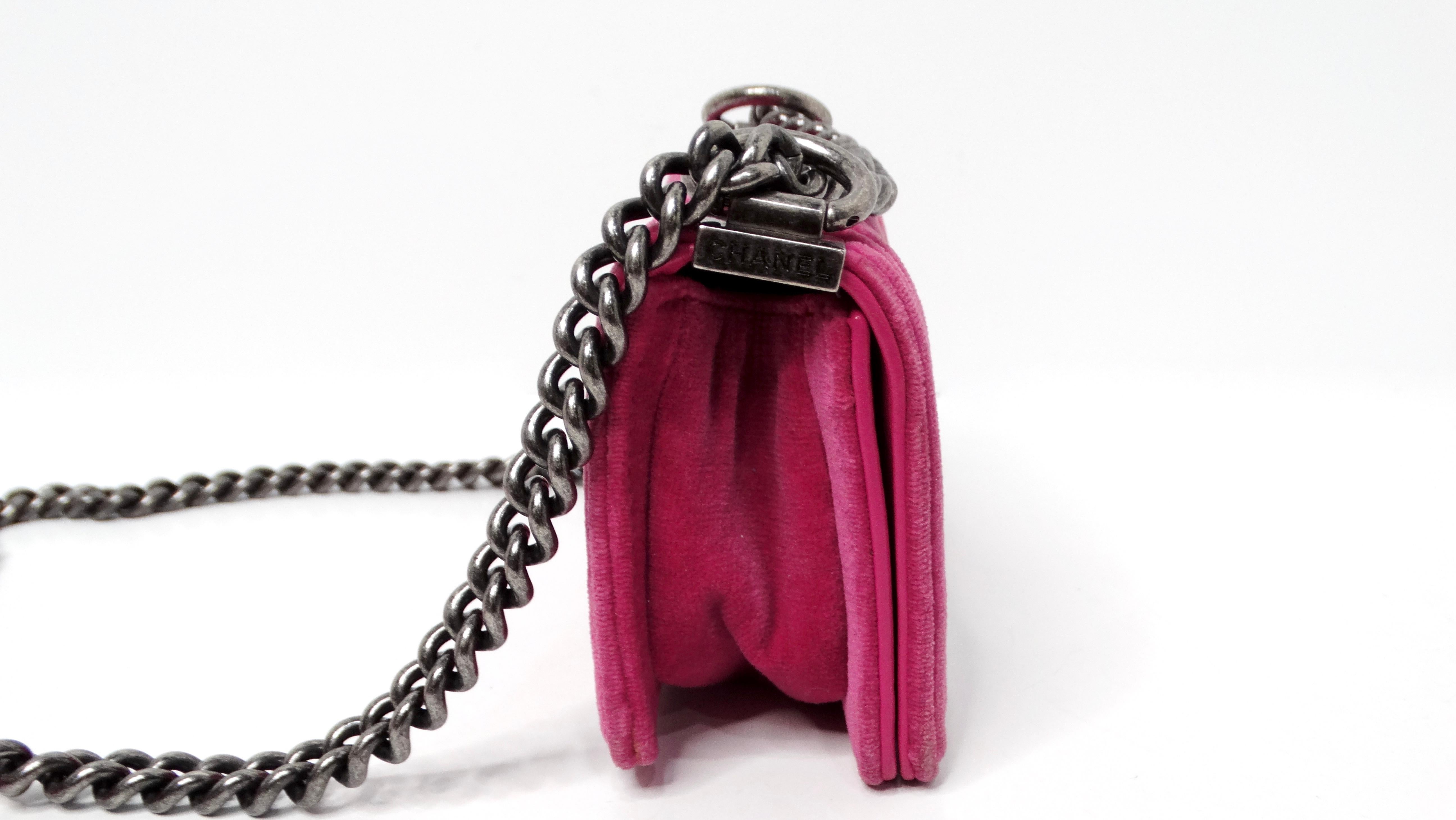 2014 Chanel Fuchsia Mini Velvet Boy Bag With Ruthenium Hardware For Sale 3