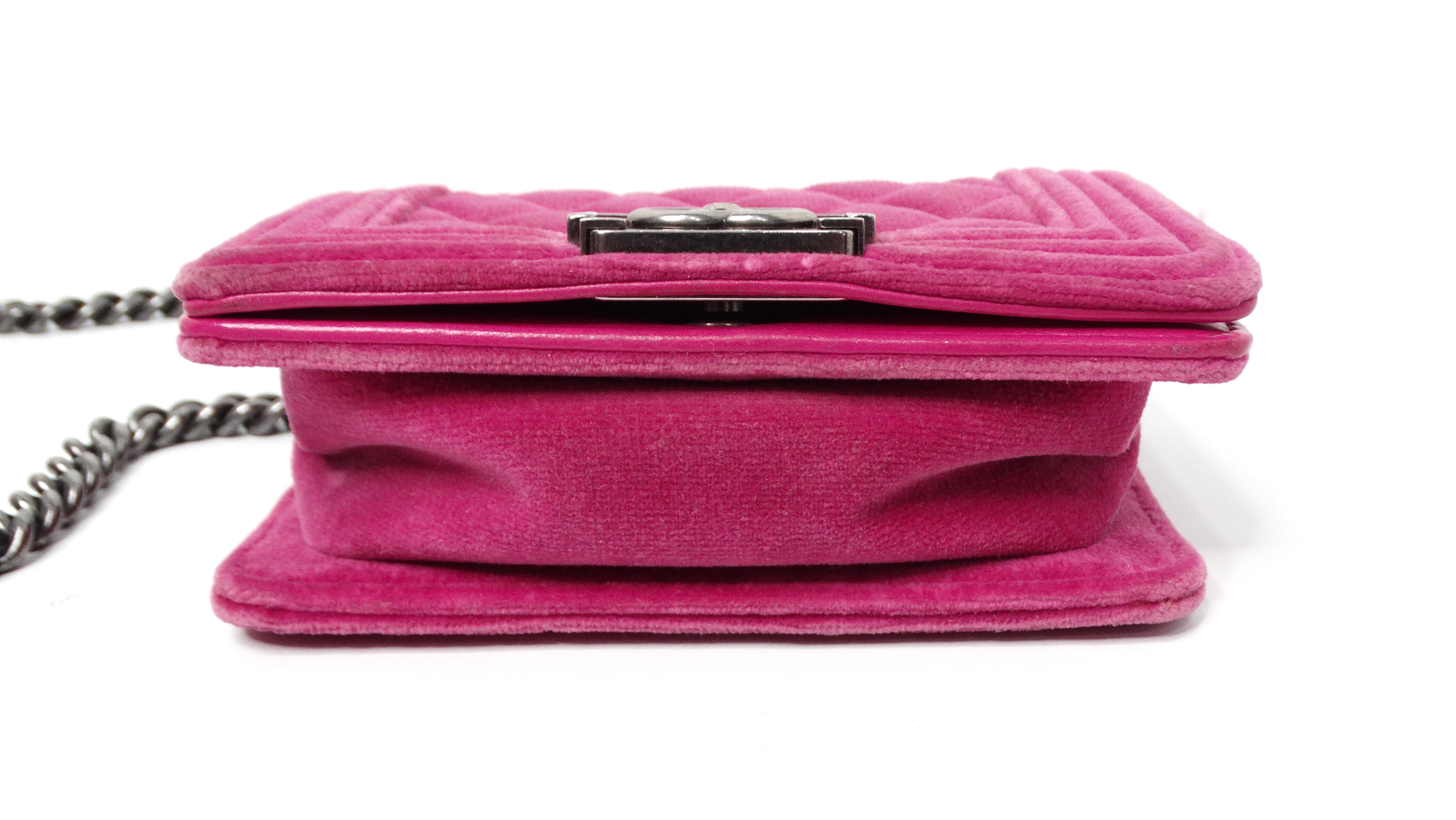 2014 Chanel Fuchsia Mini Velvet Boy Bag With Ruthenium Hardware For Sale 4