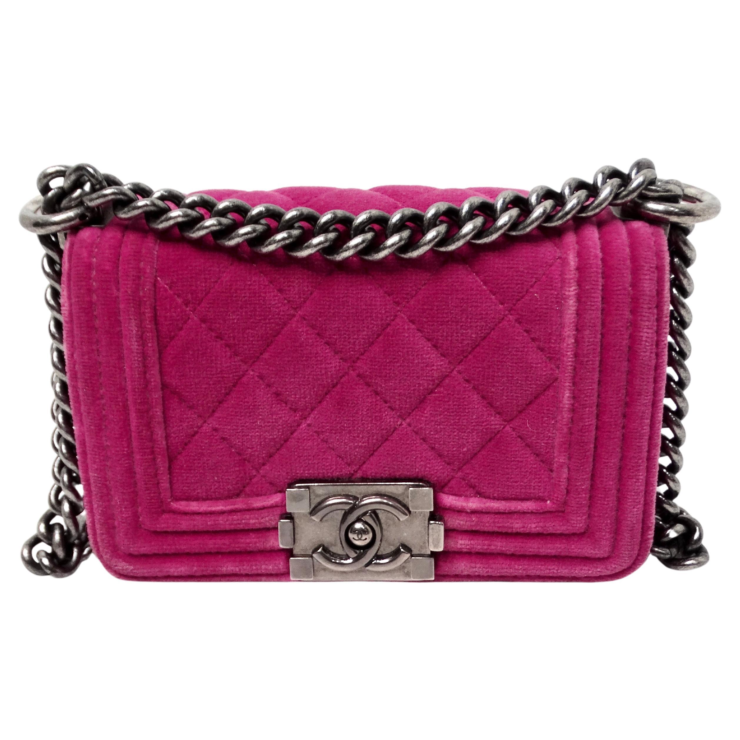 2014 Chanel Fuchsia Mini Velvet Boy Bag With Ruthenium Hardware