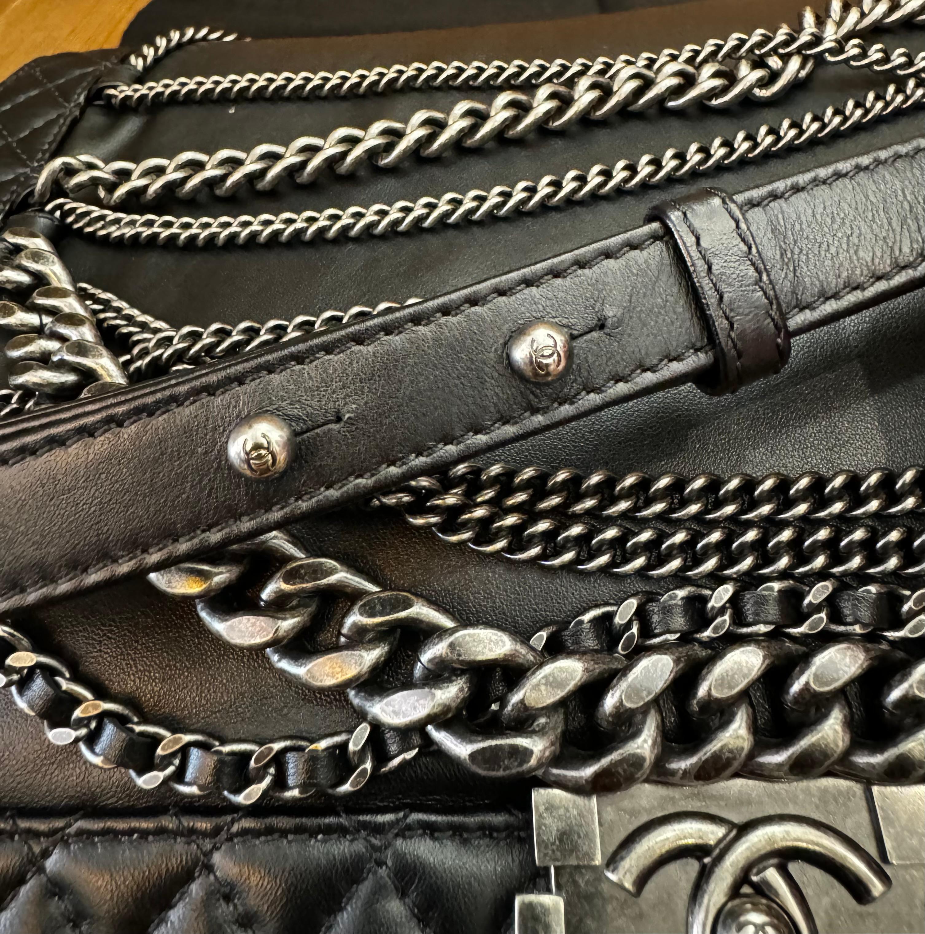 Unused 2014 CHANEL Limited Edition XL Enchained Boy Bag Black Lambskin Silver For Sale 2