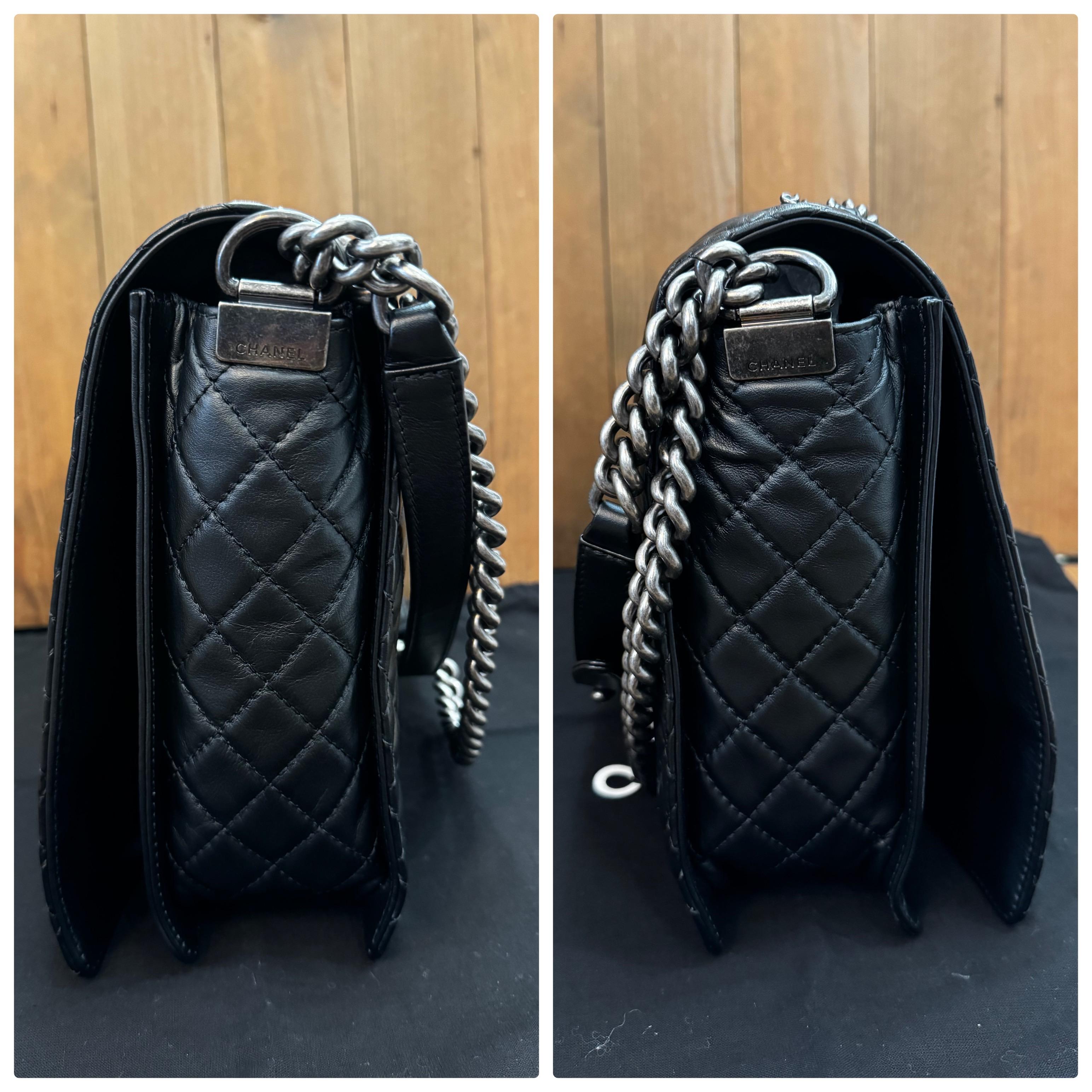 Unused 2014 CHANEL Limited Edition XL Enchained Boy Bag Black Lambskin Silver For Sale 4