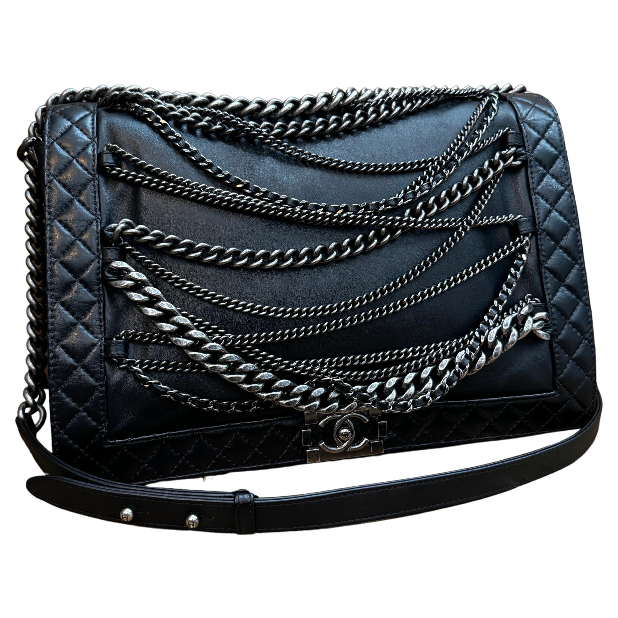 2014 CHANEL Limited Edition XL Enchained Boy Bag Noir Lambskin Chrome Silver