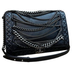 Unbenutzt 2014 CHANEL Limitierte Auflage XL Geflecht Boy Bag Schwarzes Lammfell Silber