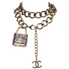 2014 CHANEL Logo Tweed Gold Padlock "Supermarket" Belt/ Necklace