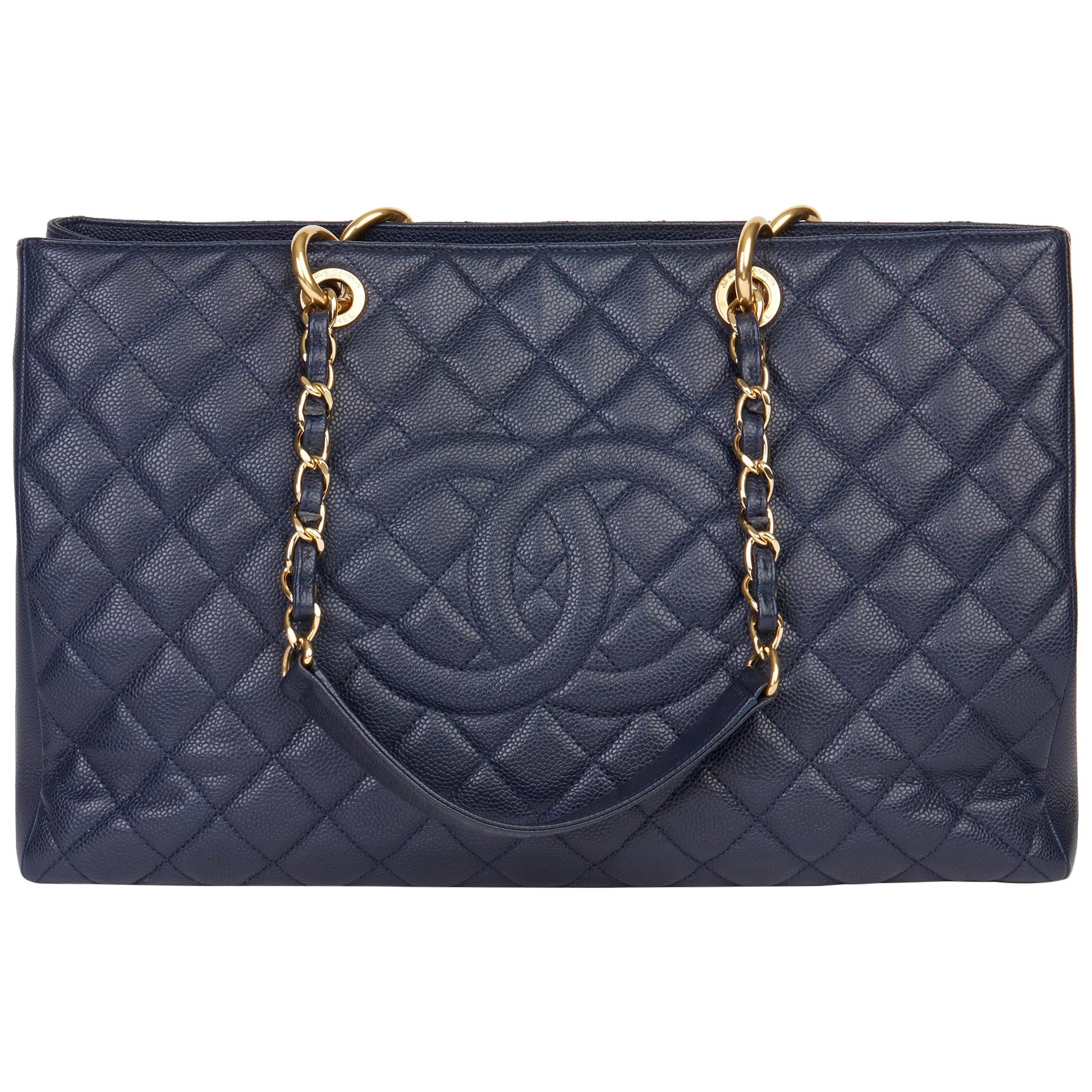 2014 Chanel Navy Quilted Caviar Leather Grand Shopping Tote XL GST
