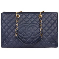 Used 2014 Chanel Navy Quilted Caviar Leather Grand Shopping Tote XL GST