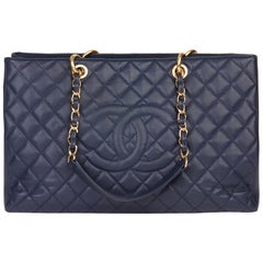 2014 Chanel Navy Quilted Caviar Leather Grand Shopping Tote XL GST