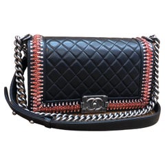 2014 Unused CHANEL Medium Black Lambskin Boy Bag with Red Rhinestones