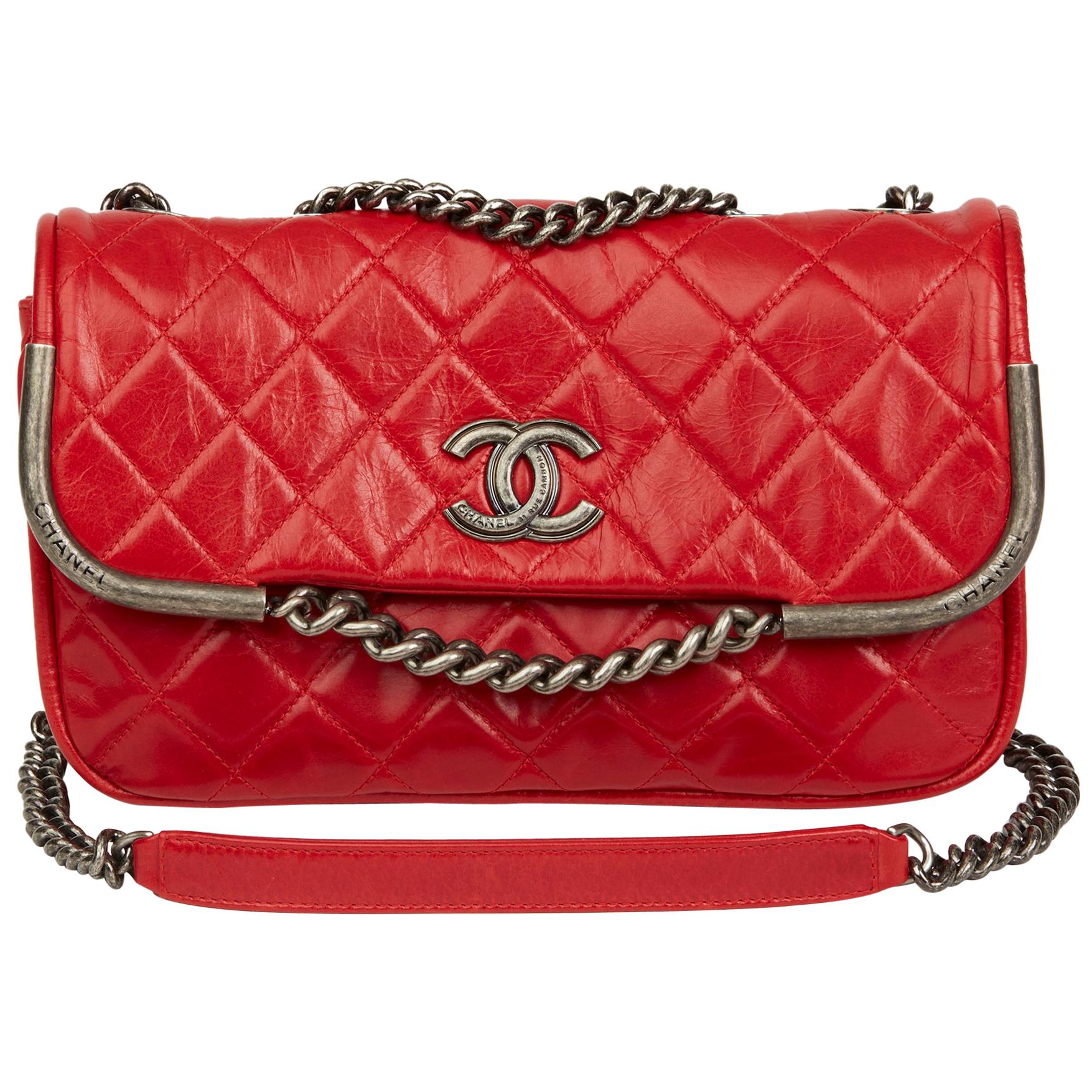 2014 Chanel Red Quilted Aged Calfskin Leather Single Flap Bag