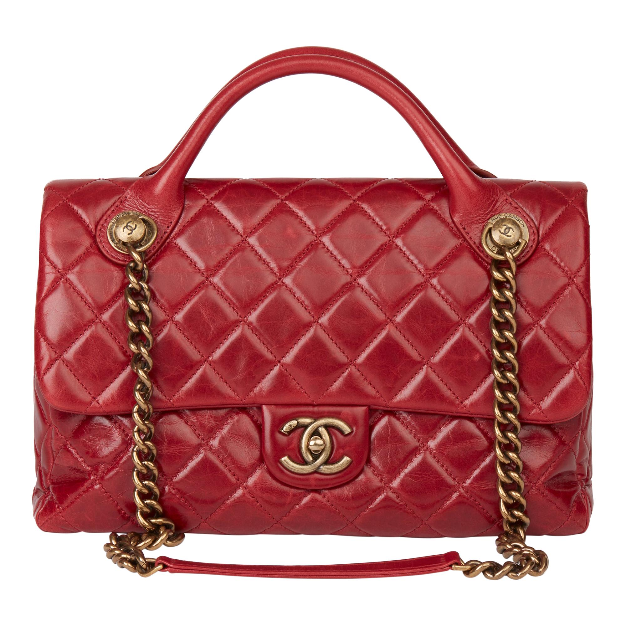 Chanel Red Stitched Quilted Glazed Calfskin Leather Medium Flap