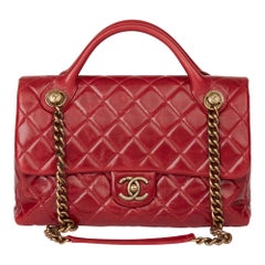 2014 Chanel Red Quilted Glazed Calfskin Leather Medium Castle Rock Flap Bag