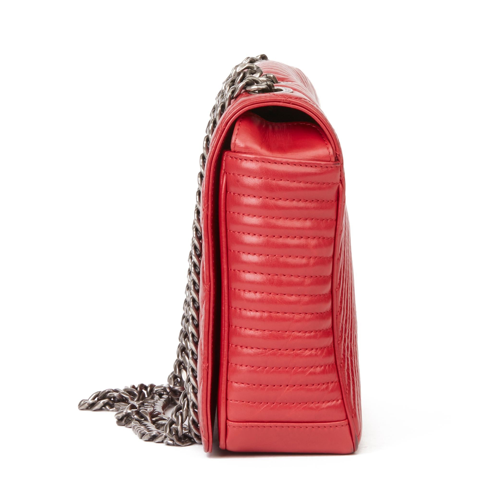 2014 Chanel Red Quilted Glazed Calfskin Leather Medium Coco Boy Flap Bag  In Good Condition In Bishop's Stortford, Hertfordshire