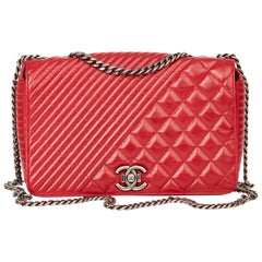 2014 Chanel Red Quilted Glazed Calfskin Leather Medium Coco Boy Flap Bag 