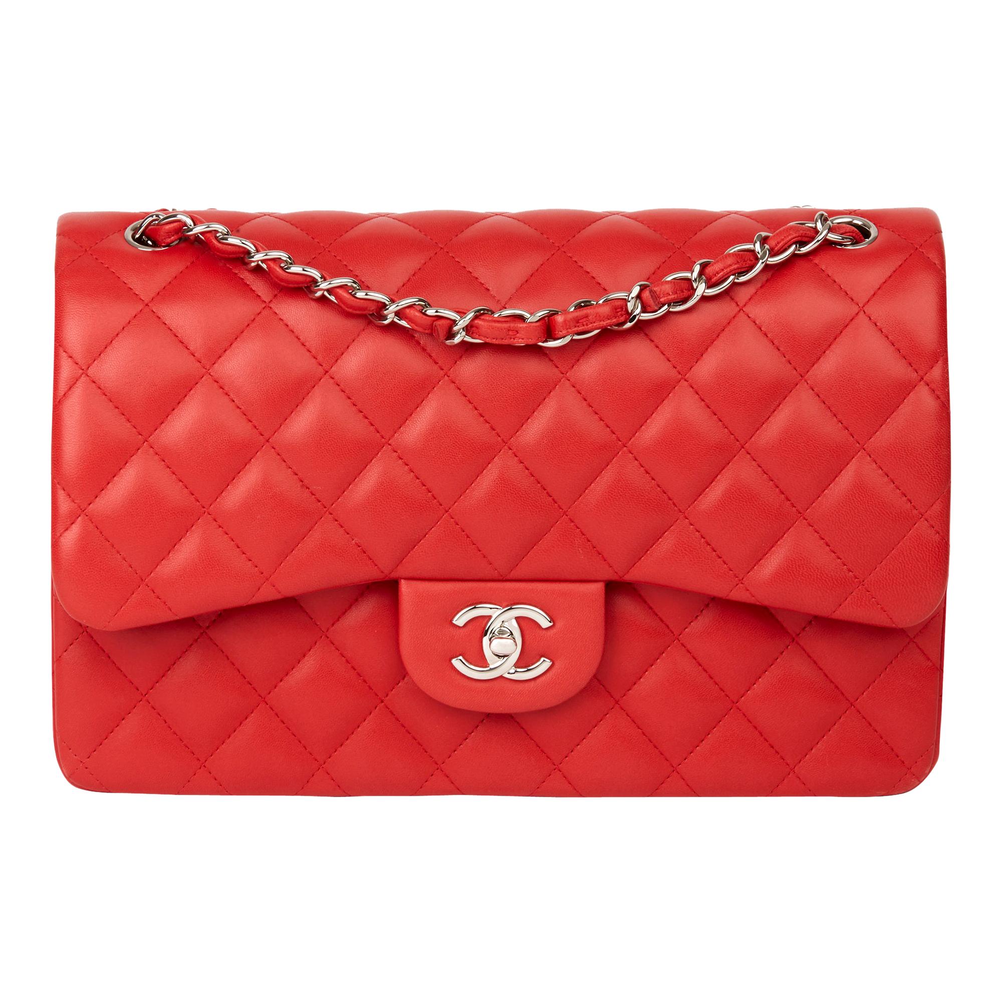 2014 Chanel Red Quilted Lambskin Jumbo Classic Double Flap Bag
